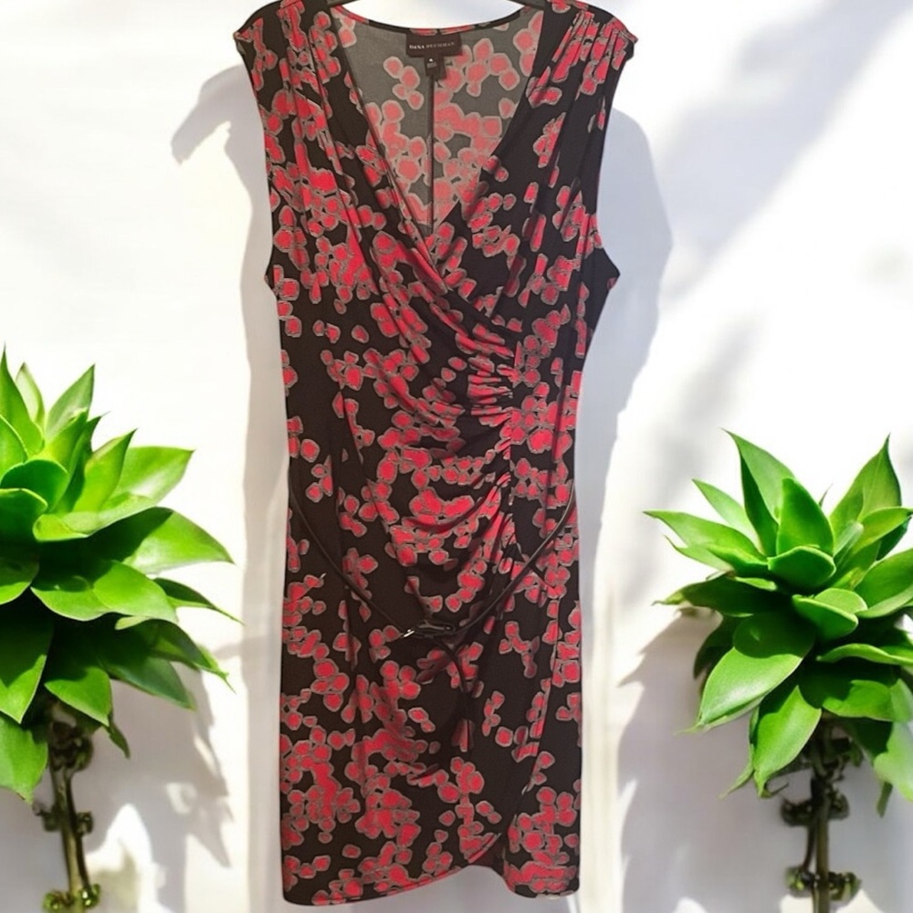 Dana Buchman Black and Red Floral Midi belted front gathered Dress